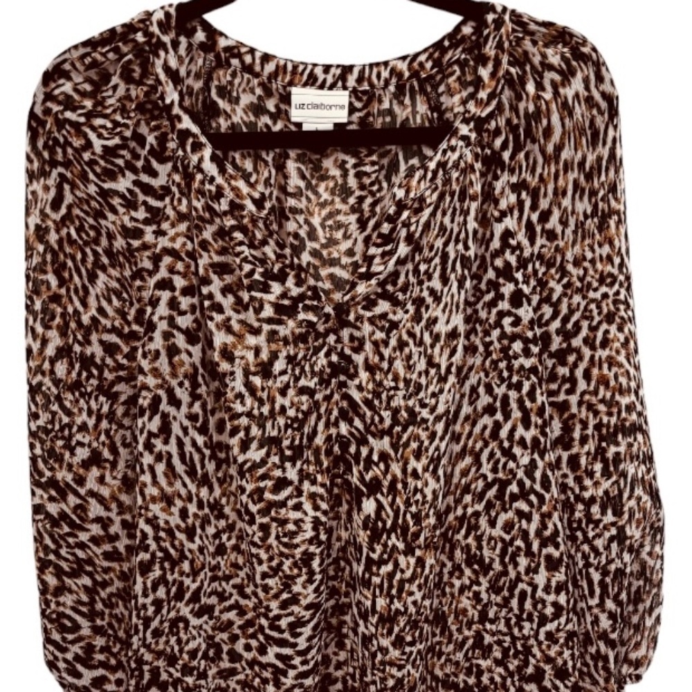 Liz Claiborne Size Large Peasant Style Top Sheer Animal Print 3/4 Sleeve Button